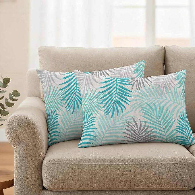 Outdoor Waterproof Throw Pillow Covers, Teal Grey Palm Leaves Decorative Pillow Cases, Summer Botanical Tropical Leaf Couch Pillow Protector Patio Sofa Cushion Covers Replacement 20"x12" 2 Pack