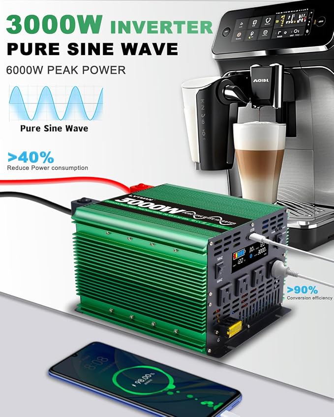 LVYUAN 3000 Watt Pure Sine Power Inverter 12V to 110V 120V DC to AC Converter with 4 AC Outlets, LCD Display, USB Charge Port, Remote Control for Home RV Vehicle Outdoor Camping Car Power Inverter
