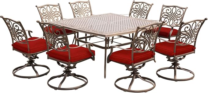 Hanover Traditions 9-Piece Patio Dining Set, Rust-Free Aluminum Outdoor Dining Set with Autumn Berry Cushions, 8 Swivel Rockers and Aluminum Square Dining Table, All-Weather Outdoor Dining Set for 8