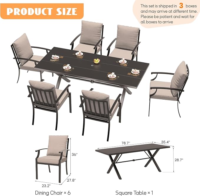7-Piece Patio Dining Set Outdoor Conversation Set,Metal Outdoor Furniture Set with Umbrella Hole Cut-Out 78.7" x 35.4" Table and 6 Metal Backrest Chairs for Backyard,Garden,Sand
