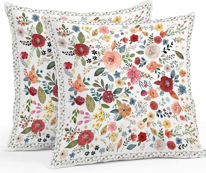 Vandarllin Outdoor Throw Pillows Covers 20x20 inch Set of 2 Waterproof Cream Floral Decorative Zippered Cushion Covers for Patio Furniture, Farmhouse Vintage Flower Lumbar Pillowcases