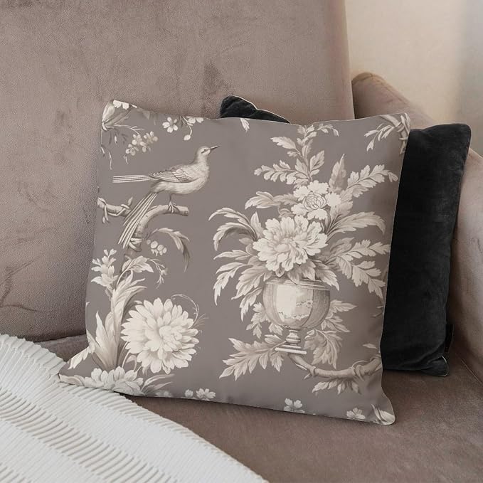 Throw Pillow Covers Tan French Country Toile Floral Pillows Abstract Grey White Bird Pillow Cover Accent Outdoor Waterproof Decorative Pillow Cover for Patio Furniture Garden 18x18 in