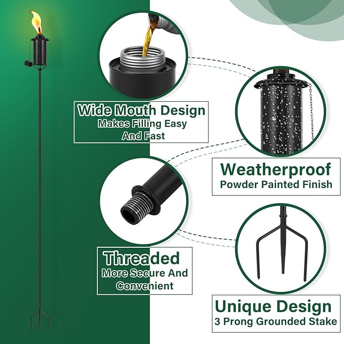 SNOGSWOG 4 Pack Garden Torches, 16 oz Metal Torch for Outside with 3-Prong Grounded Stake, Outdoor Decorative Citronella Torches, 59 inch Garden Décor Torches