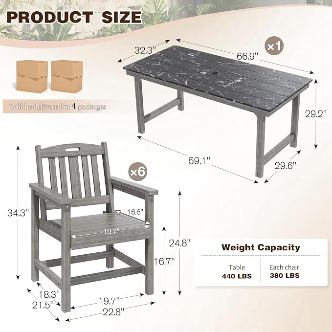 7-Piece HIPS Patio Dining Set, 66.9" W Marble Texture Outdoor Table with Umbrella Hole & 440LBS Capacity & Galvanized Steel Frame, 6 Chairs | 19.7" W, Dining Table Furniture Set for 6, Grey
