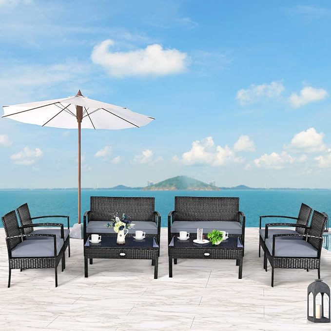 Tangkula 8-PCS Wicker Patio Conversation Furniture Set, Outdoor Rattan Chair and Table Set, Patio Furniture Sets with Coffee Table & Washable Cushions for Courtyard Balcony Garden (2, Black)