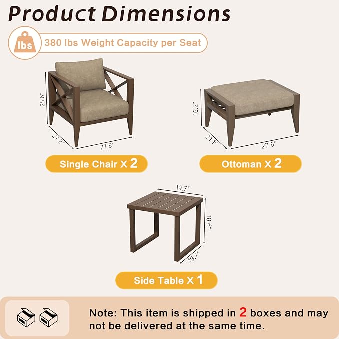 2-Seat Aluminum Patio Furniture Set with Ottomans & Coffee Table, Oversized Outdoor Conversation Set, Weather-Resistant for Backyard, Deck, Balcony – Brown