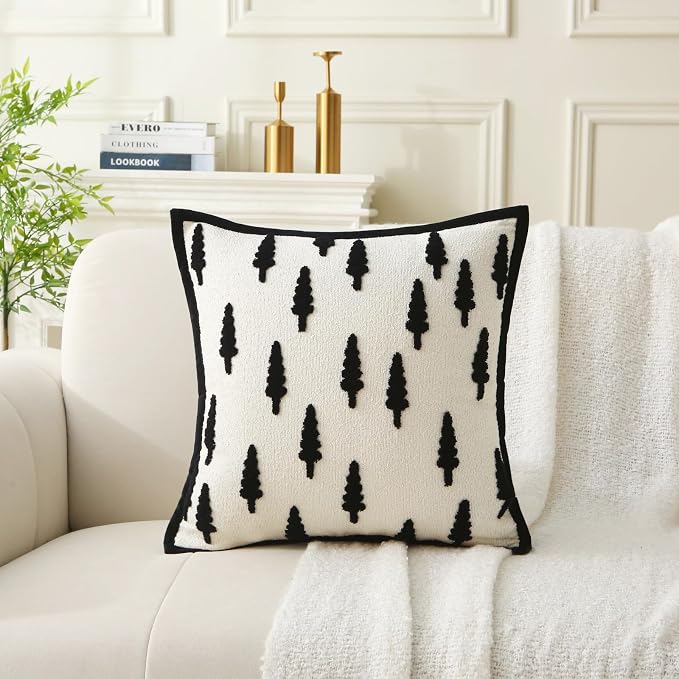 Boho Tufted Chenille Throw Pillows with Inserts, 18 x 18 Inch Soft Square Decorative Pillows, Modern Farmhouse Cushions for for Home, Patio, Couch, Bedroom, Living Room (Black Tree)