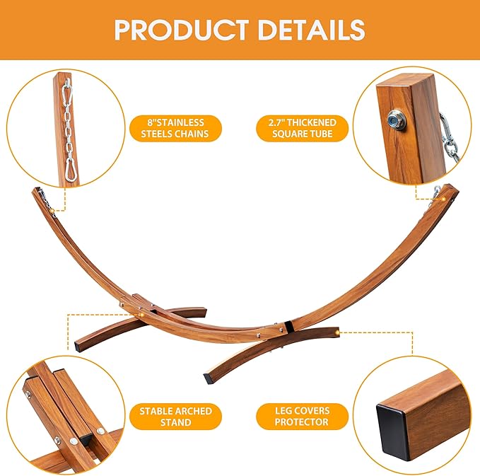 Lazy Daze Hammocks 12 FT Double Quilted Hammock with Wood Grain Curved Steel Stand for Outside, Backyard, Patio, 450 Lbs Capacity, Cream