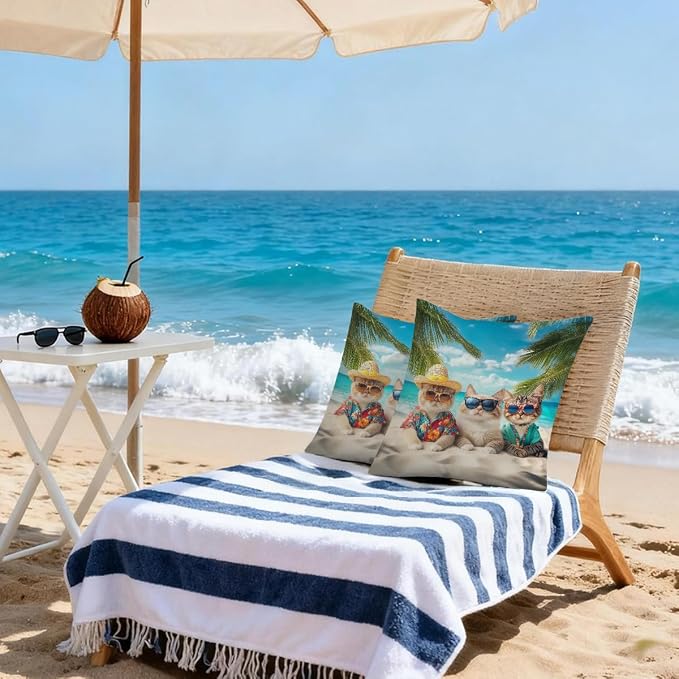 16x16 Inch Outdoor Pillow Covers Set of 2 Waterproof Throw Pillow Covers Decorative Couch Cushion Covers Beach Cats Sea Square Pillowcases Protectors for Patio Garden Sofa