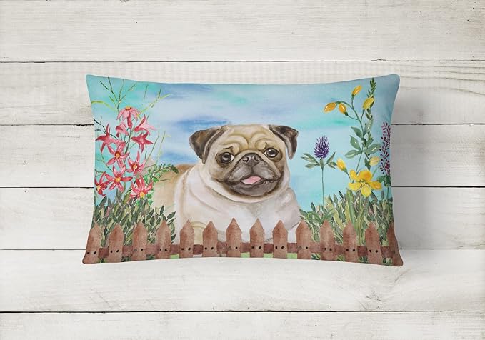 Caroline's Treasures CK1280PW1216 Fawn Pug Spring Canvas Fabric Decorative Pillow Machine Washable, Indoor Outdoor Decorative Pillow for Couch, Bed or Patio, 12HX16W