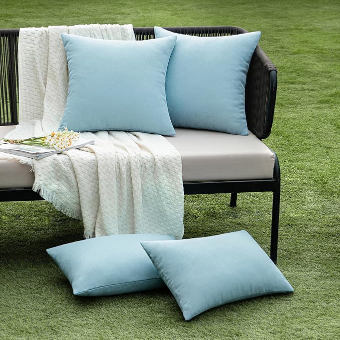 EMEMA Outdoor Throw Pillow Covers Decorative Farmhouse Square Pillowcases Waterproof Cushion Covers Cases for Patio Couch Garden Sofa Home Living Room Set of 2 20x20 Inch Blue Gray