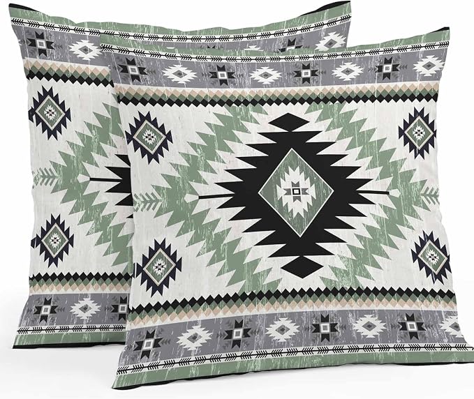Green Gray Boho Waterproof Outdoor Pillow Covers Set of 2 Home Decor Southwestern Ethnic Abstract Geometric Pillowcase Patio Pillow Covers for Couch Bench Furniture Garden 24x24in