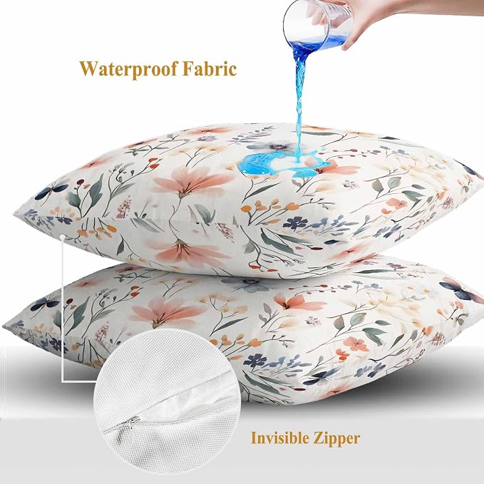 Spring Flower Butterfly Outdoor Waterproof Throw Pillow Covers Set of 2, 24"x24", Retro Watercolor Floral Leaf Decorative Pillow Covers Outside Cushion Case for Patio Porch Garden