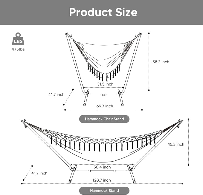 SUNCREAT 2-in-1 Hammocks Convertible Portable Double Hammock with Stand Included, Outdoor Hammock and Stand, Patented, Dark Grey with Tassel
