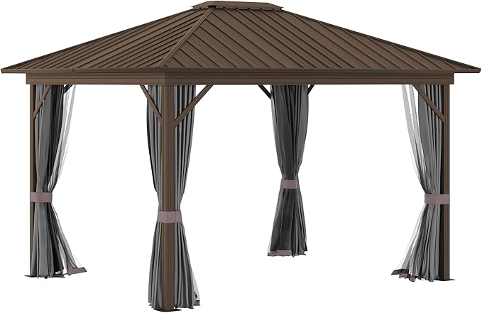 Outsunny 10' x 12' Hardtop Gazebo with Curtains and Netting, Permanent Pavilion Metal Single Roof Gazebo Canopy with Aluminum Frame and Hooks, for Garden, Patio, Backyard, Gray
