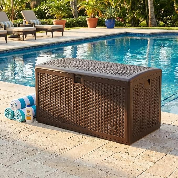 120 Gallon Waterproof Outdoor Storage Box – Blow-Molded Deck Box with Gas Rod Lift Lid, Lockable for Patio Furniture, Cushions, Garden Tools & Pool Floats, Bronw