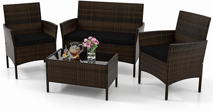 KOTEK 4 Piece Patio Furniture Set, Outdoor Rattan Conversation Set with Loveseat, Wicker Chairs, Tempered Glass Coffee Table, Wicker Patio Set for Backyard, Porch (Black)