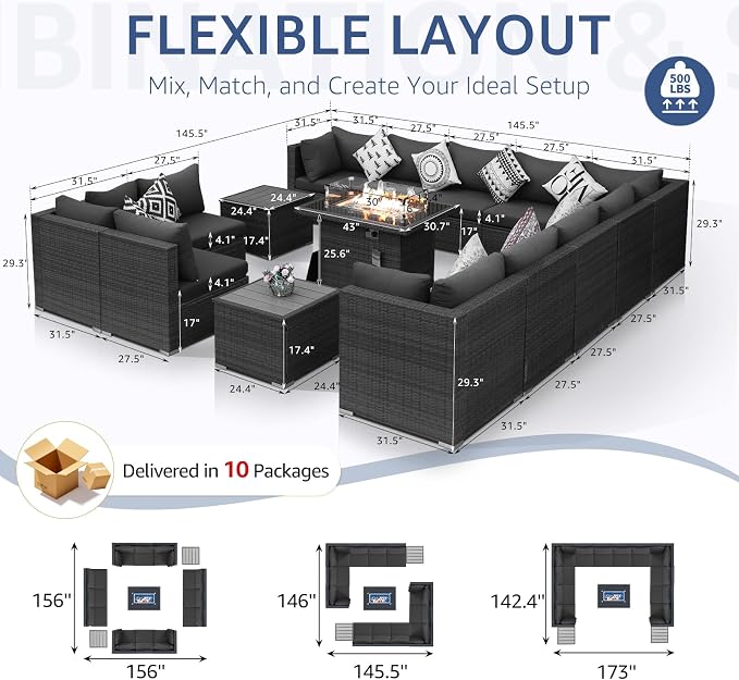 NICESOUL 15 Piece Outdoor Patio Furniture Set with Fire Pit, Extra Large Wide Outdoor Deep Seated Sectional, Cozy 29.3'' High-Back Modular Couch, 500 Lbs High Weight Capacity Wicker Sofa, Dark Gray