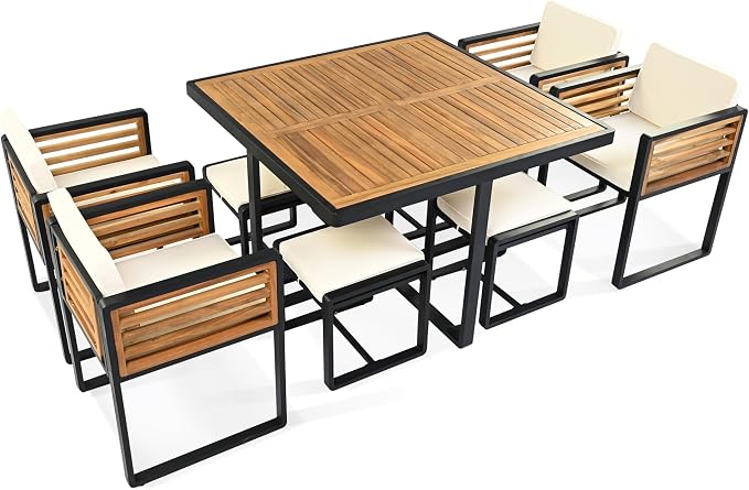 9-Piece Outdoor Patio Acacia Wood Dining Table Set, Square Table with 4 Cushioned Chairs& 4 Stools, All-Weather Resistant Conversation Set with Metal Frame, Space-Saving Design for 8 (Beige-1.8)