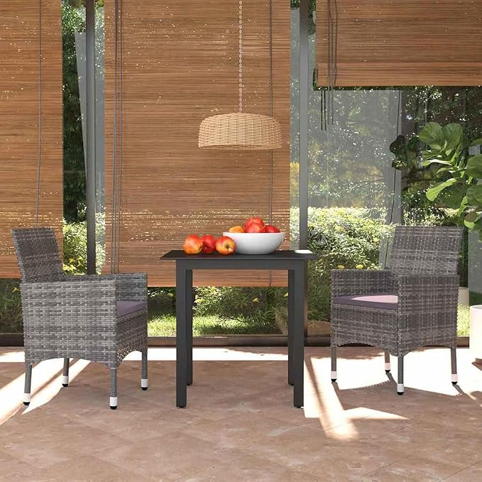 3 pcs Modern Patio Dining Set & Patio Furniture Black Glass Outdoor Dining Set Balcony Furniture for Lawn Backyard Front Porch 31.5 x 31.5 x 29.1 in