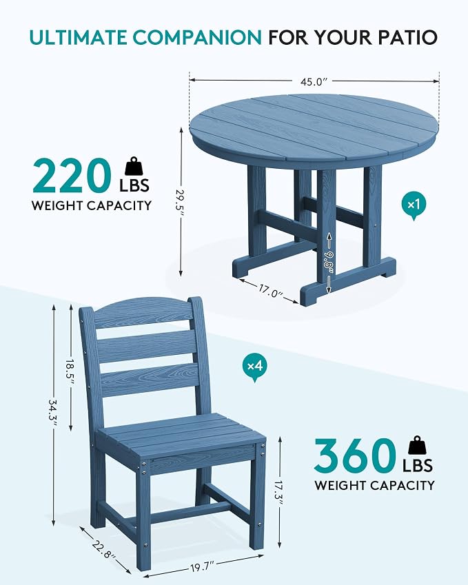 SERWALL 5-Piece Patio Dining Sets, HDPE Outdoor Table and Chairs Furniture Set, 45" Round Dining Table and 4 Armless Dining Chairs, Navy