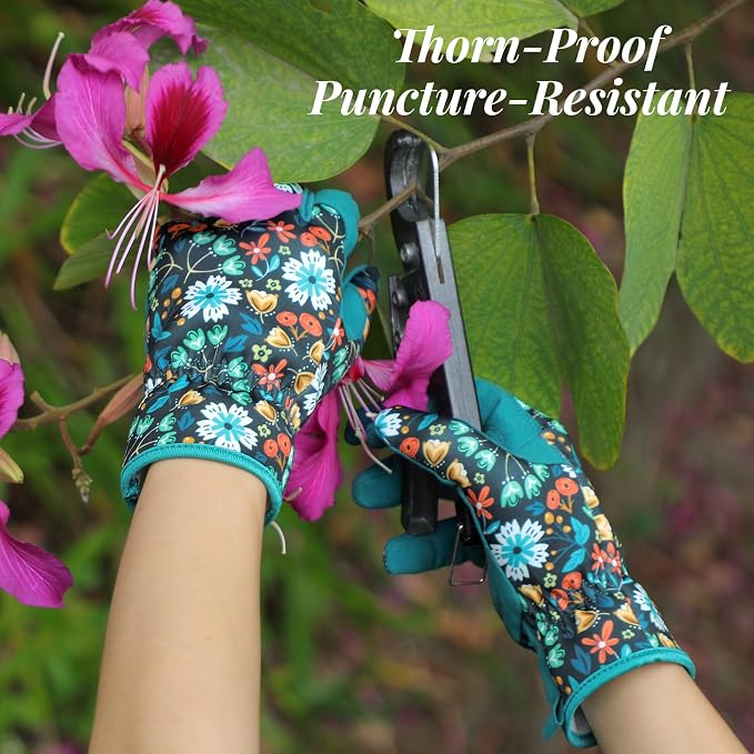 Tavaleu Gardening Gloves for Women Thorn Proof Puncture Resistant Leather | Breathable Microfiber Leather, Double-Layer Padded Palm, Ergonomic Fit, Elastic Wrist, Floral Pattern, Yard Working Gloves
