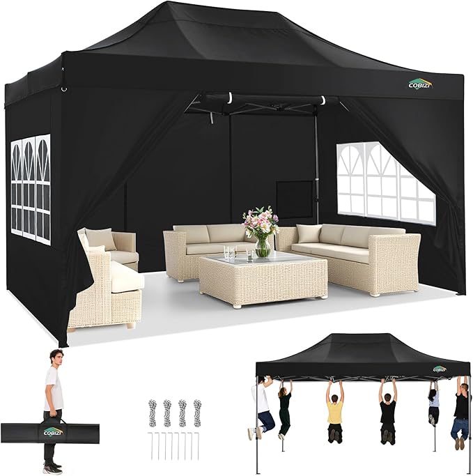 COBIZI 10x15 Pop up Canopy Tent Heavy Duty, Easy Set-up Commercial Outdoor Party Tent, 100% Waterproof Wedding Tents Gazebo, 3 Height Adjustable with Handbag, Black