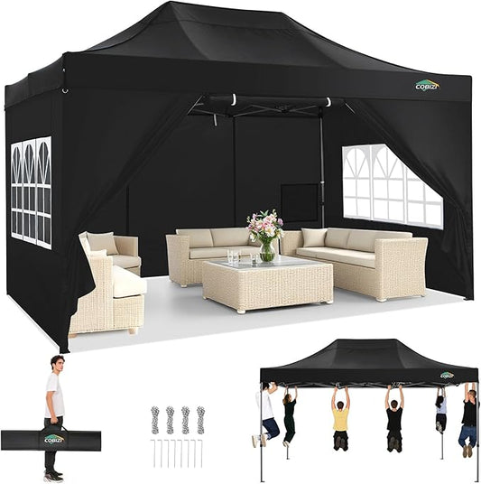 COBIZI 10x15 Pop up Canopy Tent Heavy Duty, Easy Set-up Commercial Outdoor Party Tent, 100% Waterproof Wedding Tents Gazebo, 3 Height Adjustable with Handbag, Black