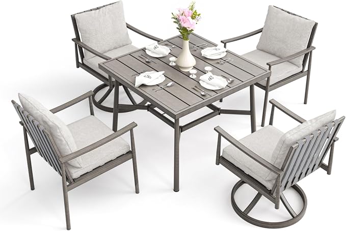 5-Piece Outdoor Dining Set - Aluminum Patio Dining Set with Rope Backrest,2 Swivel Rocking Chairs,2 Fixed Chairs and Square Table with Umbrella Hole,Removable Cushion for Lawn Porch Yard,Grey
