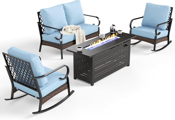 SUNSHINE VALLEY 4 Piece Metal Outdoor Patio Furniture Sets with Firepit Table, Patio Conversation Sets 1 2-Seater Sofa, 2 Rocking Sofa with 5.75" Cushion Black Backyard Furniture for Deck, Blue