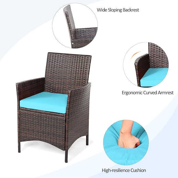 Tangkula 3-Piece Patio Conversation Set, Wicker Chairs with Glass Top Square Coffee Table & Cushions, All-Weather Outdoor Rattan Furniture Set for Garden Backyard Balcony Poolside (Turquoise)