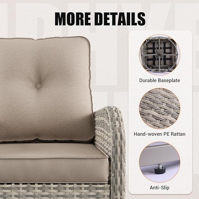 16-Piece Outdoor Patio Furniture Set with Rocking Swivel Chair, PE Wicker Rattan Sectional Sofa Patio Conversation Set with 55,000 BTU Fire Pit Table & Coffee Table, Beige