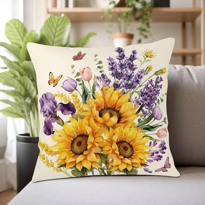 Butterfly Sunflower Pillow Covers Purple Lavender Flower Throw Pillow Covers 16x16 Spring Summer Iris Tulip Pillow Cases Retro Rustic Floral Cushion Cases for Sofa Couch 2 Pack