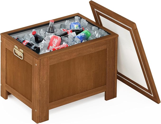 Furinno TIOMAN Outdoor Wooden Cooler Chest, Insulated Ice Chest Storage Box, 25 x 18, for Patio, Garden and Porch, Light Wood