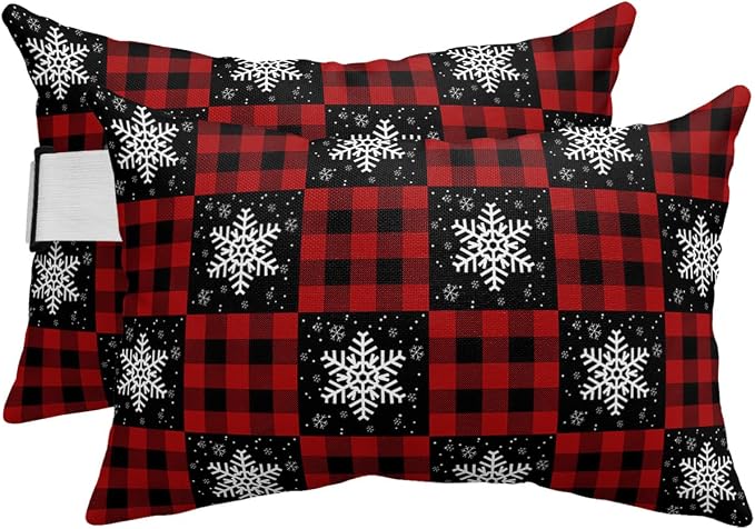 Outdoor Pillows Covers with Inserts Winter Snowflake Red and Black Plaid Waterproof Recliner Pillow with Adjustable Strap Throw Pillows for Patio Furniture Pool Lounge Chair, 12x20 inch, 2PCS