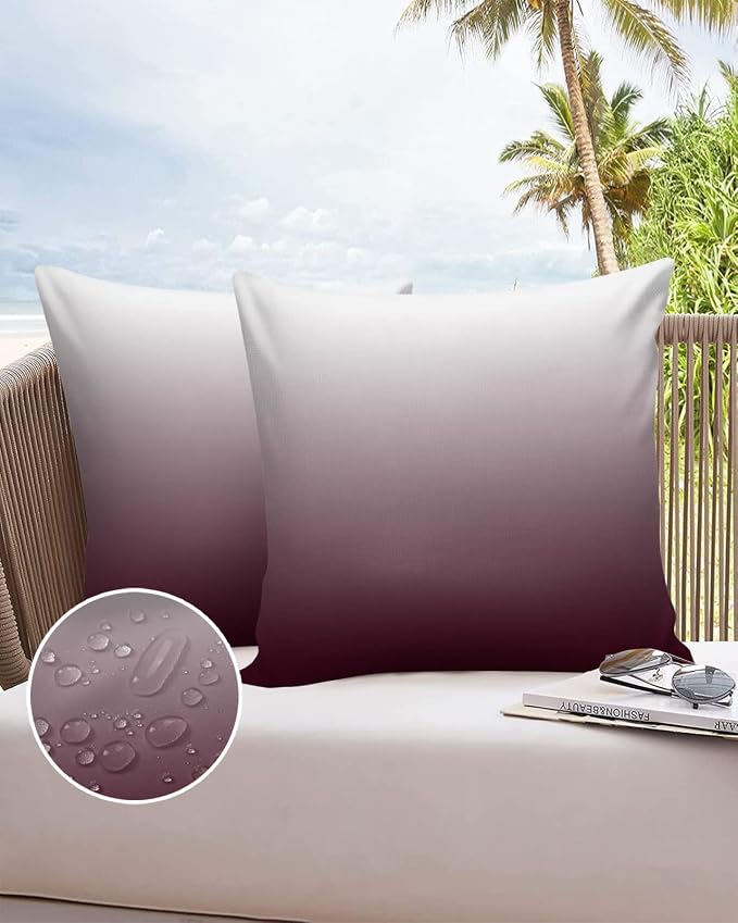Prime Leader Outdoor Waterproof Pillow Covers Set of 2, Romantic Burgundy Gradient Patio Throw Pillow Covers, Decorative Cushion Case for Couch Sofa Furniture Garden, 24x24 Inch
