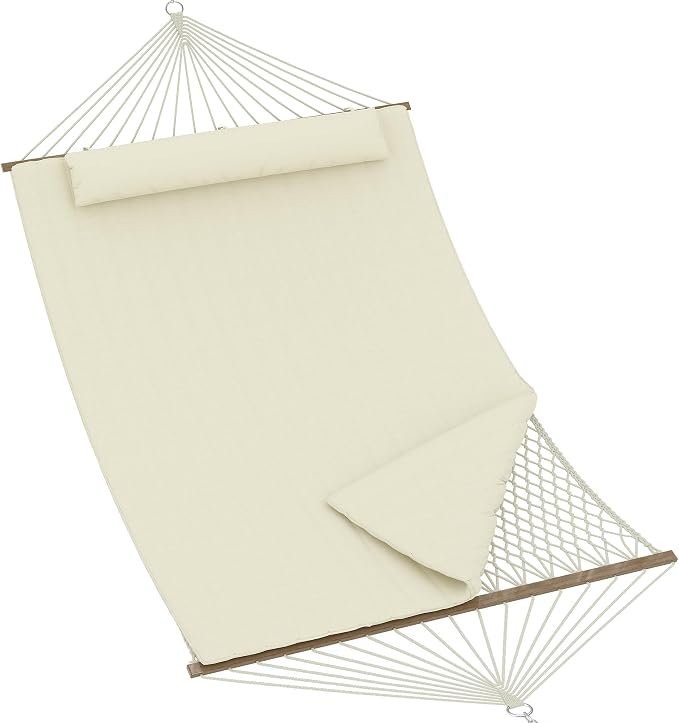 Garvee 2 Person Outdoor Hammock with Stand, Cotton Rope Hammock with Polyester Pad, Adjustable Steel Frame, 2-in-1 Hammock for Patio, Backyard, Garden, Beach (Beige