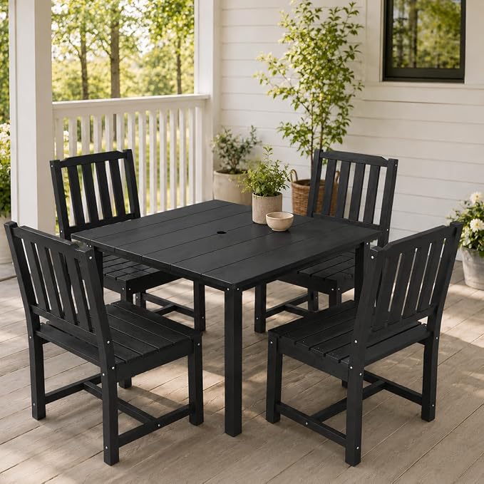 HDPE Outdoor Dining Set for 4, Square Table & Chairs Set | • All-Weather Polywood Composite • 410 lbs Heavy-Duty Support • Built-In 2" Umbrella Hole • Easy Soap-Water Wash