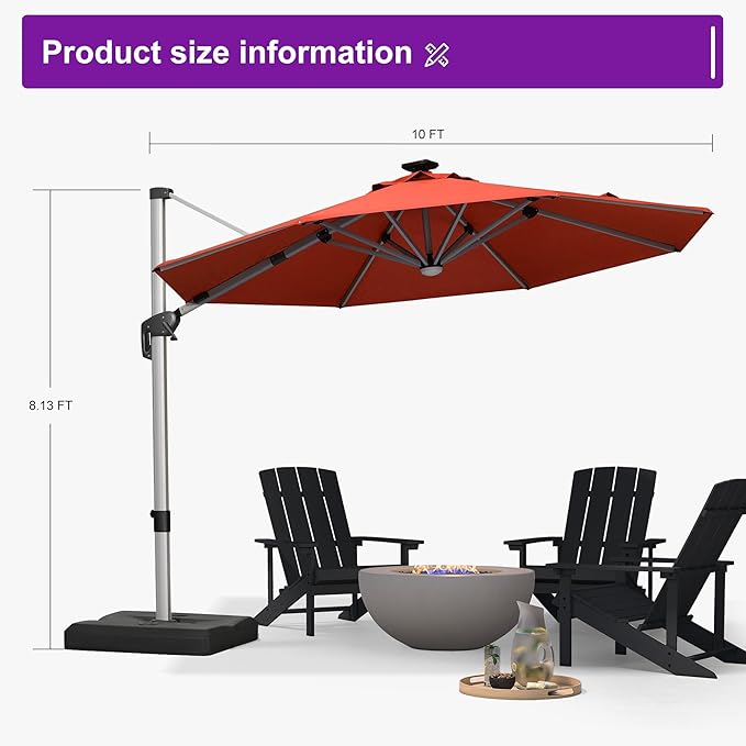 PURPLE LEAF Cantilever Umbrella with base 10ft Outdoor Round Patio Solar Powered LED Umbrella with 360-degree Rotation for Garden Deck Pool Patio, Brick Red