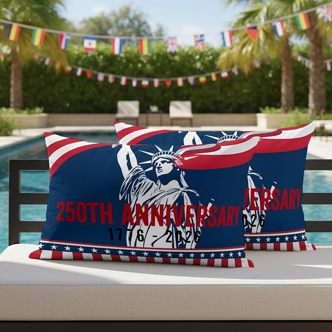 250th Anniversary Outdoor Pillow Covers 20"x12" Set of 2, Statue of Liberty Independence Day Waterproof Throw Pillow Covers for Patio Furniture, Decorative Cushion Covers for Porch