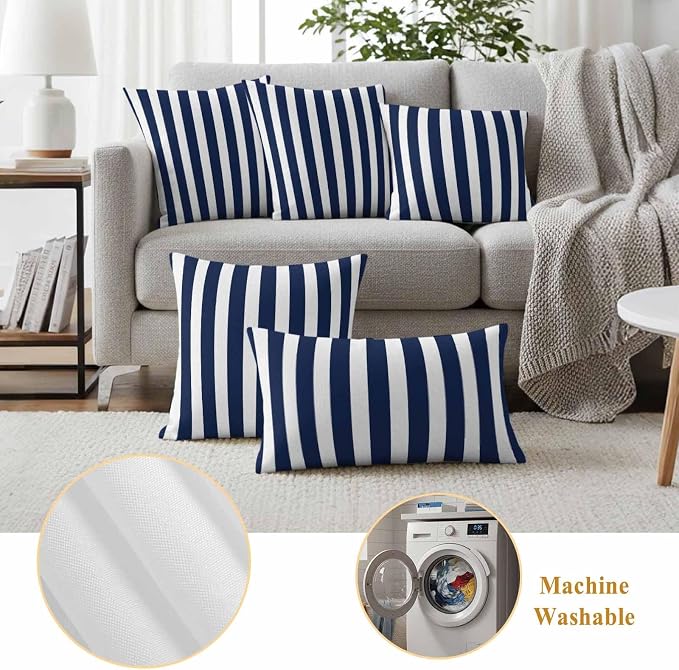 Navy Blue Striped Outdoor Waterproof Throw Pillow Covers 20x20 Set of 2, Modern Farmhouse Blue White Stripes Decorative Pillowcases Cushion Pillowcase for Couch Sofa Patio Outside Pillow Protector