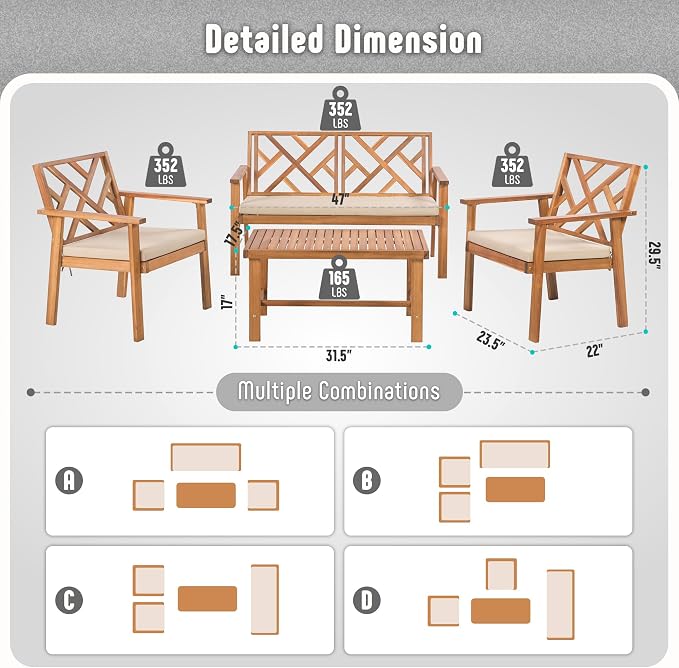 Werph 4-Piece Acacia Wood Outdoor Patio Furniture Set | Patio Sofa Bench and 2 Sofa Chairs with Table & Padded Cushions, Patio Lounge Conversation Set for Balcony Deck Backyard
