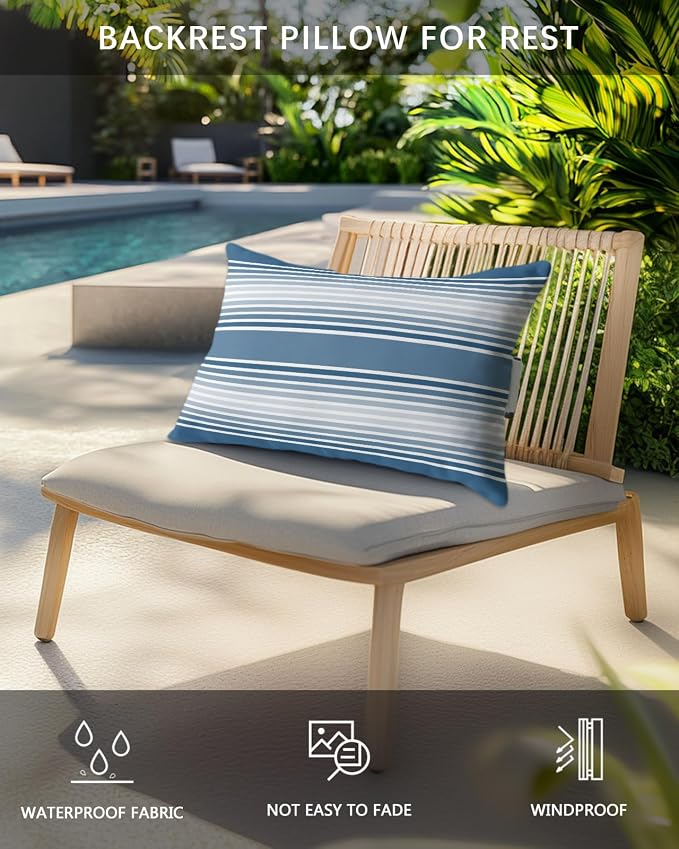 Pack of 2 Outdoor Lumbar Pillow Covers 11x16 Inch, Blue Striped Waterproof Throw Pillow Covers Set, Blue Ombre Farmhouse Stripes Indoor&Outdoor Decorative Cushion Cases for Patio Porch Car