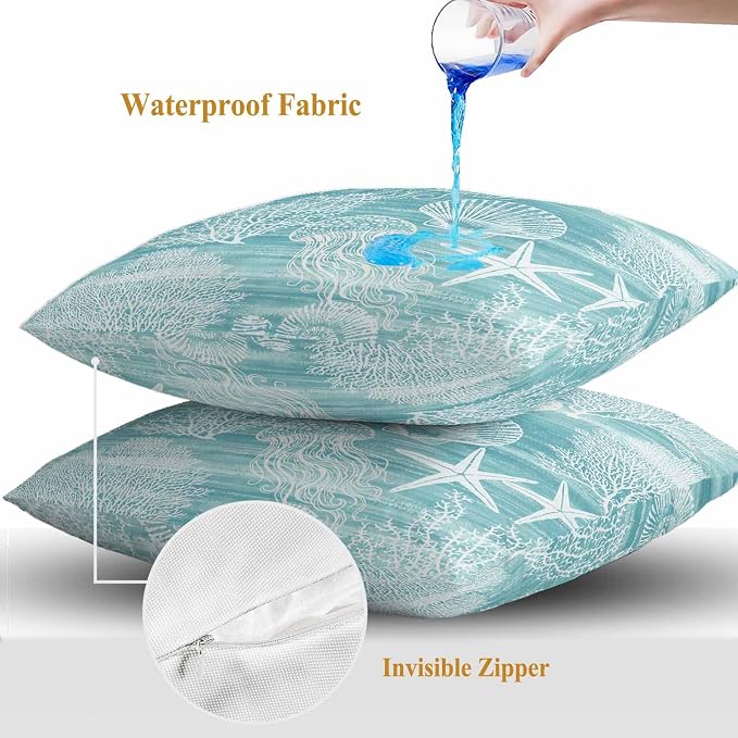 Teal Coastal Outdoor Waterproof Throw Pillow Covers Set of 2, 26"x26", Nautical Starfish Jellyfish Coral Summer Decorative Pillow Covers Outside Cushion Case for Patio Porch Garden