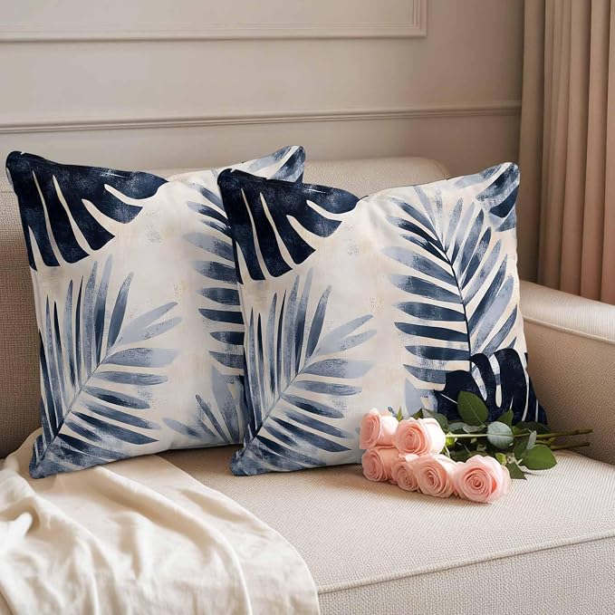 Pack of 2 Waterproof Outdoor Pillow Covers 26x26 Inch Decorative Pillow Covers Navy Blue Palm Leaves Throw Pillowcases Tropical Botanical Retro Outdoor Cushion Cover for Couch, Patio, Tent