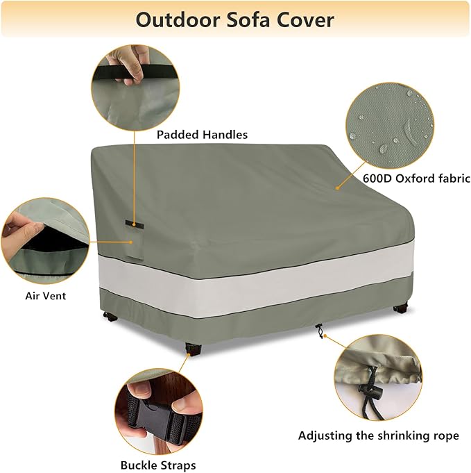 Outdoor Sofa Cover,Patio Loveseat Cover,3-Seater Bench Cover,Waterproof Heavy Duty Patio Furniture Covers,85" W x 38" D x 35" H Inches Grey Green