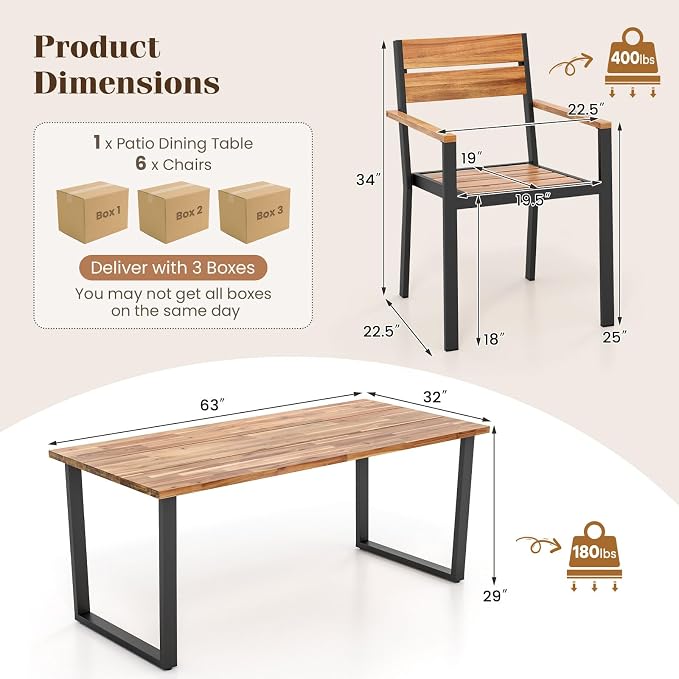 Tangkula 7 Pieces Patented Wood Outdoor Dining Set with Umbrella Hole, Heavy Duty Acacia Armrest Chairs and Rectangle Table Set for 6, Suitable for Deck Lawn Garden Poolside and Backyard
