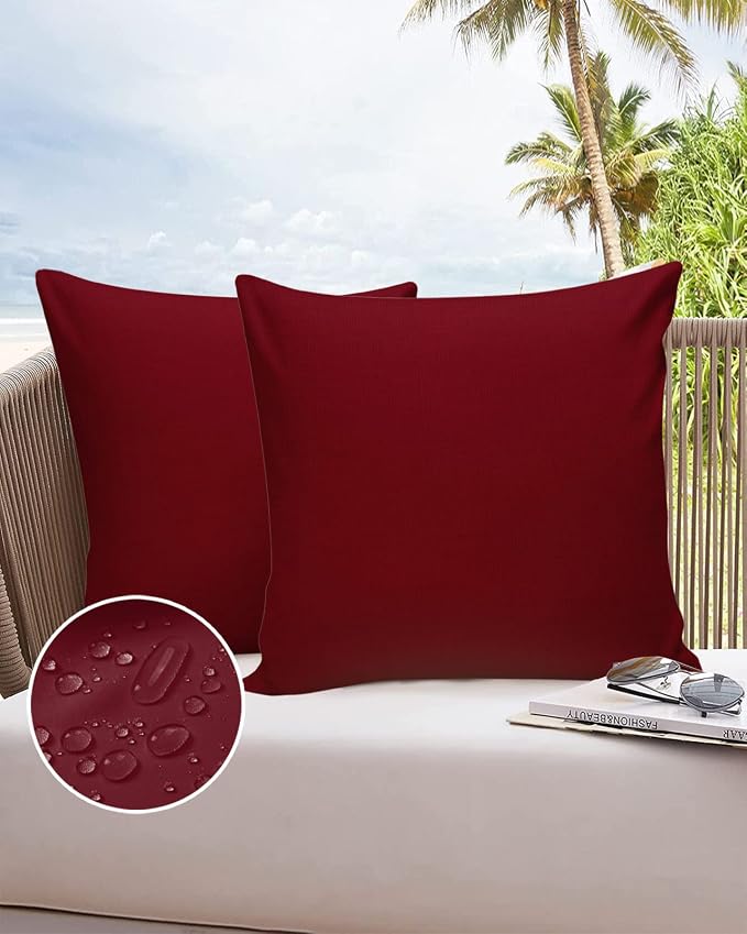 Outdoor Pillow Covers Waterproof, Solid Red Wine All Weather Cushion Case Set of 2, Pure Color Decorative Pillowcases for Sofa Couch Bed Decor Patio Furniture 24"x24"