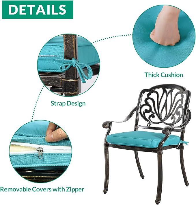 VIVIJASON 3-Piece Patio Furniture Dining Set, All-Weather Cast Aluminum Outdoor Bistro Set, Include 2 Chairs, 2 Cushions and 31" Round Table w/Umbrella Hole for Balcony, Backyard, Ocean Blue Cushion