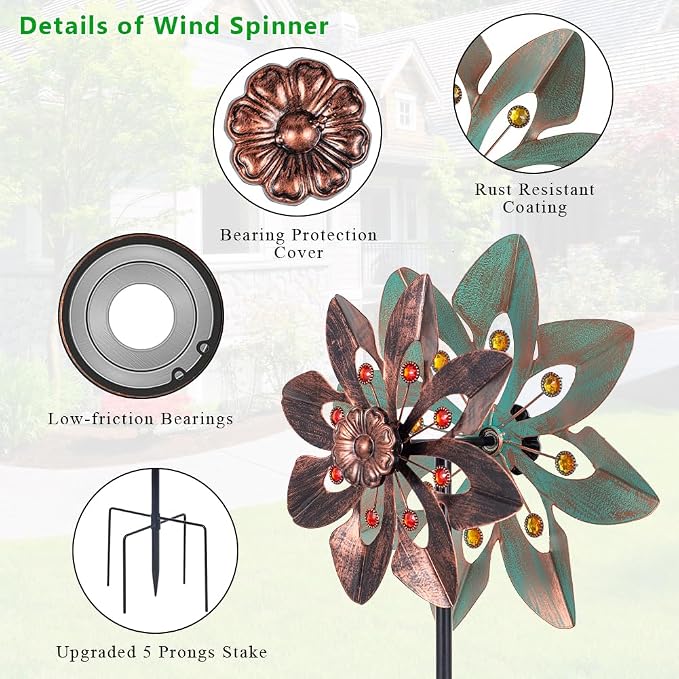 VEWOGARDEN Wind Spinners Outdoor with 2 Blades, Metal Kinetic Wind Spinner with Flower Design for Yard Garden Lawn Decorations